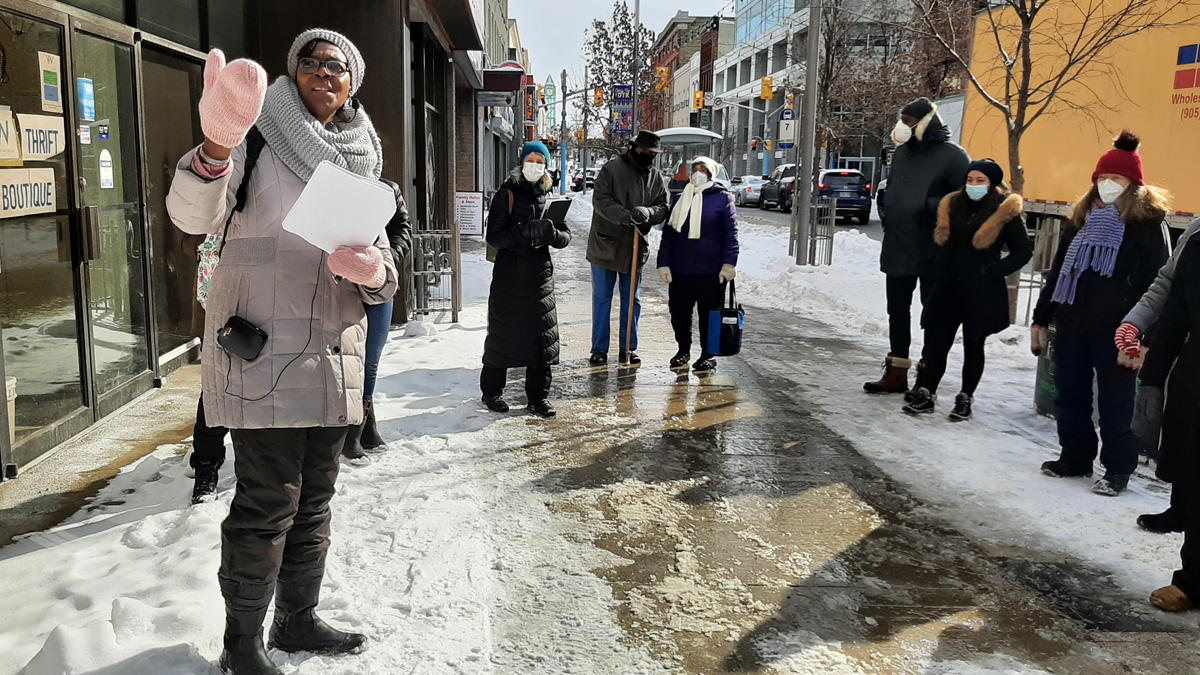Peggy Plet leading the Black Presence in Berlin walking tour in downtown Kitchener